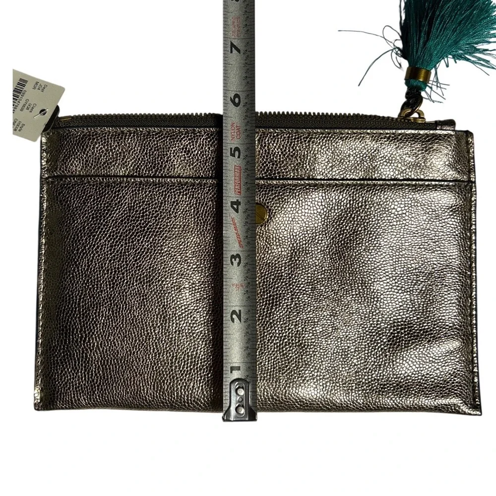 J.Crew Metallic Gold Pebbled Leather Green Tassel Clutch Bag 8.25